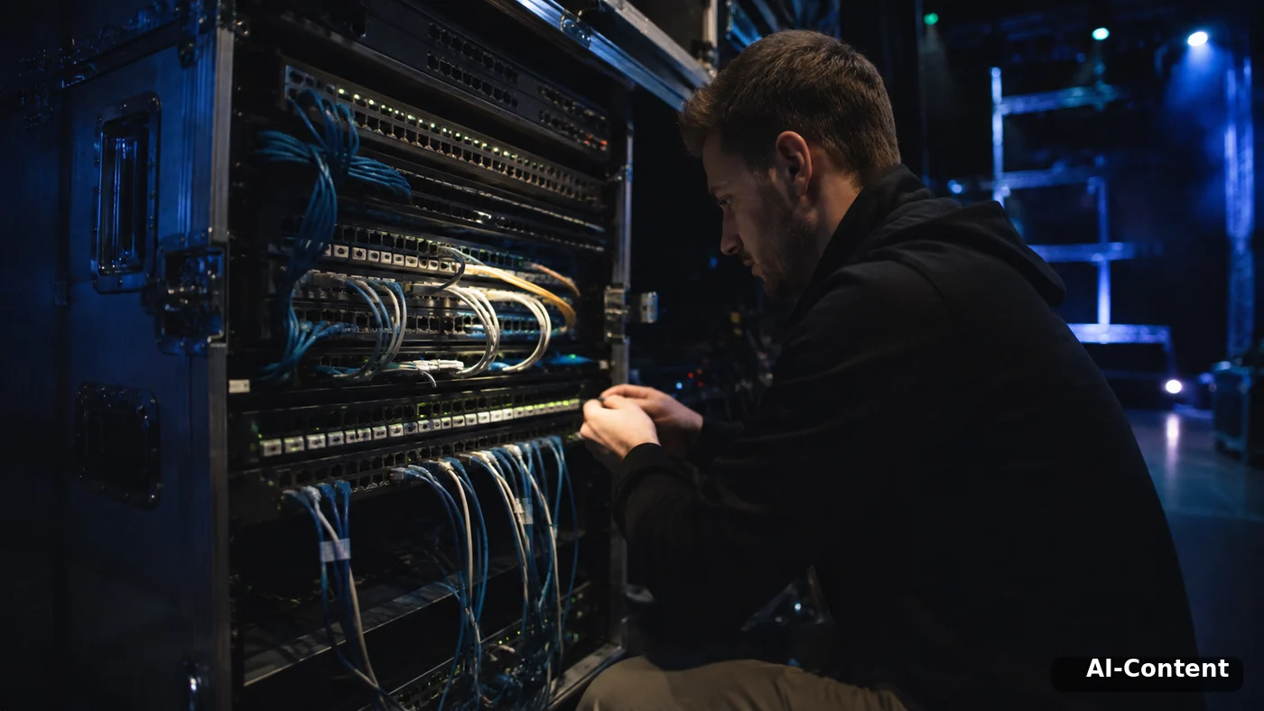 KI-generierter Techniker an einem Event-Netzwerkrack