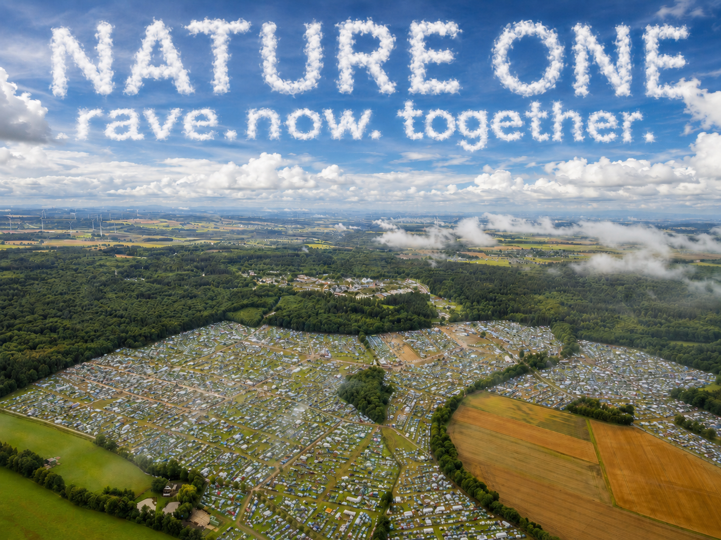 Nature One Air Camp Luftbild mit rave now together Schriftzug
