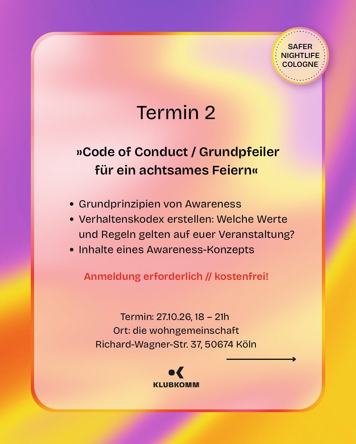 KLUBKOMM Motiv Termin 2: Code of Conduct und Grundpfeiler für ein achtsames Feiern