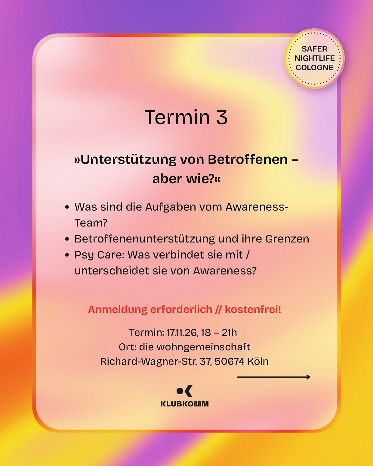 KLUBKOMM Motiv Termin 3: Unterstützung von Betroffenen - aber wie?
