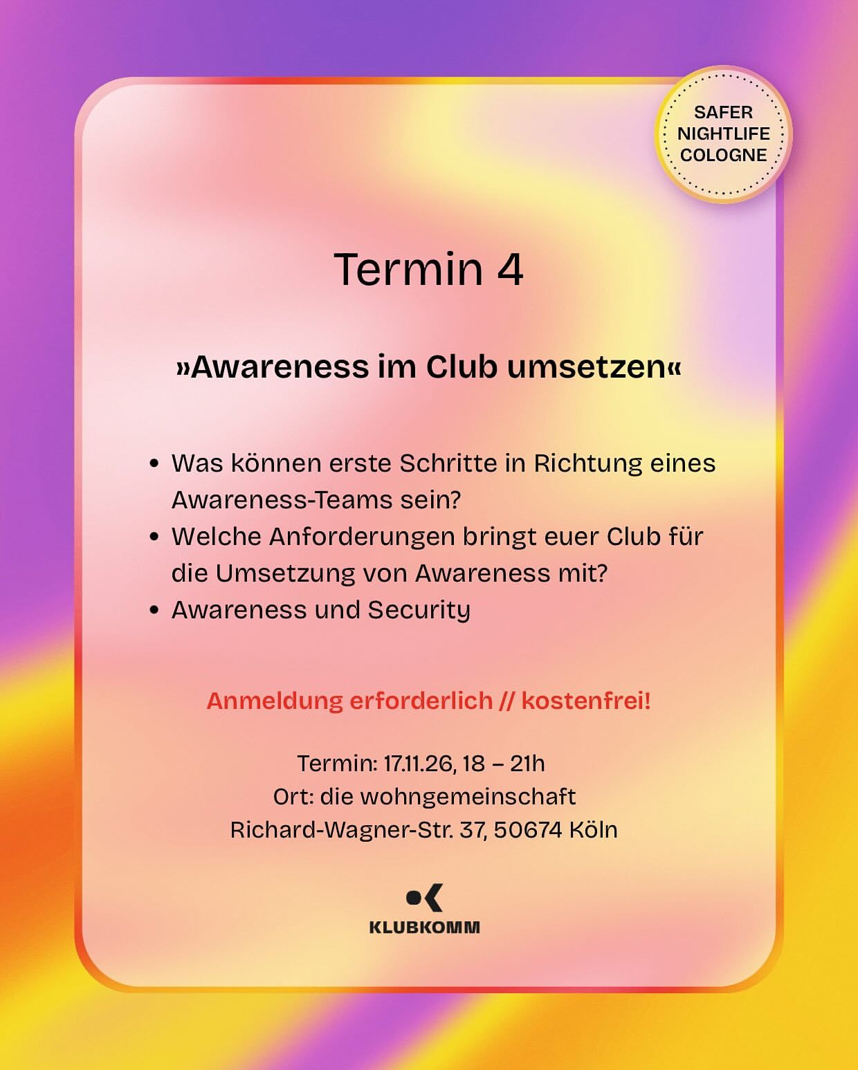 KLUBKOMM Motiv Termin 4: Awareness im Club umsetzen